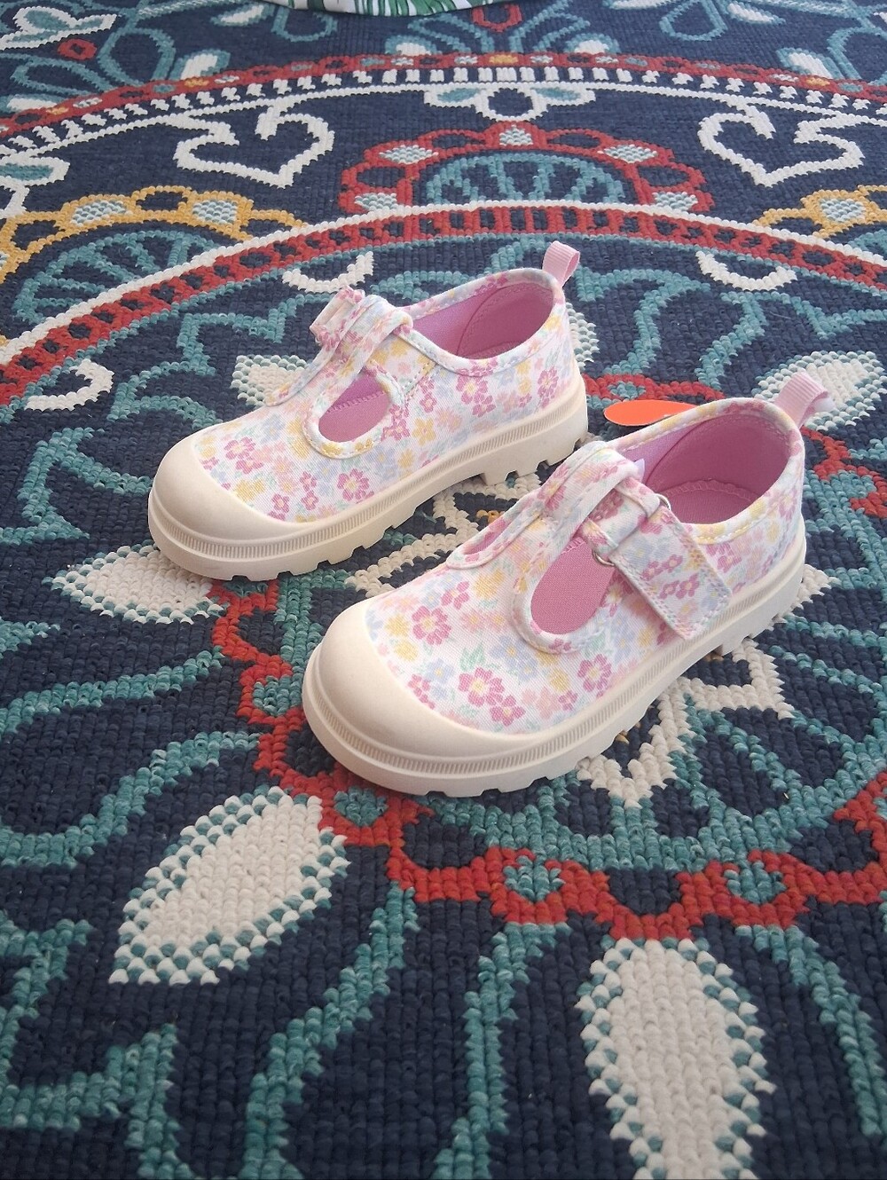 Pink Floral Casual Chunky T Strap Shoe